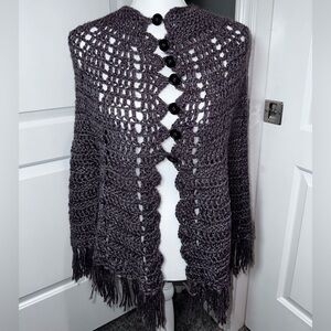 Handmade Crochet Fringe Shawl Cardigan Button Front One Size